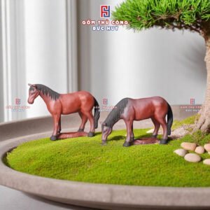 Tượng gốm Con Ngựa mini màu đỏ trang trí tiểu cảnh - trang trí bonsai